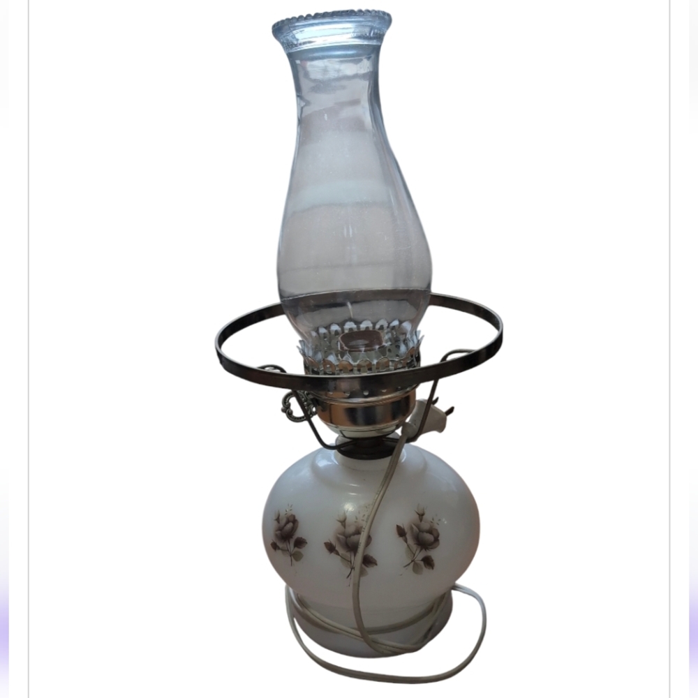 Vintage Floral Hurricane Table Lamp Milk Glass Shade Electric Decorative Light